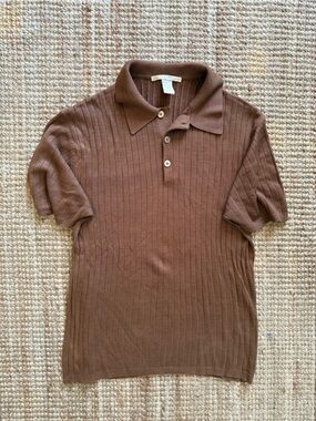 Perry Ellis 100% Silk Ribbed Knit Polo Shirt Brown Size S Short Sleeve Vintage